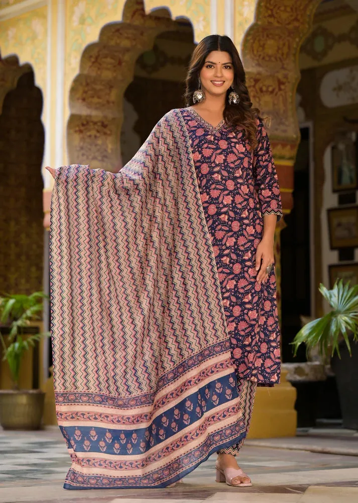 Blue & Pink Viscose Printed Straight Cut Kurta Pant Set with Chanderi Cotton Dupatta