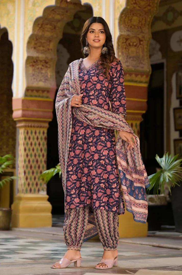 Blue & Pink Viscose Printed Straight Cut Kurta Pant Set with Chanderi Cotton Dupatta