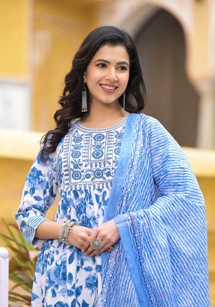 Blue & White Viscose Block Print & Embroidered Suit Set with Chanderi Cotton Dupatta