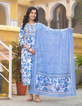 Blue & White Viscose Block Print & Embroidered Suit Set with Chanderi Cotton Dupatta