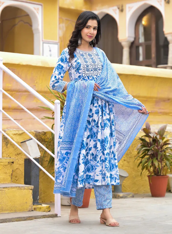 Blue & White Viscose Block Print & Embroidered Suit Set with Chanderi Cotton Dupatta