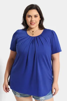 Blue Crewneck Pleated Blouse