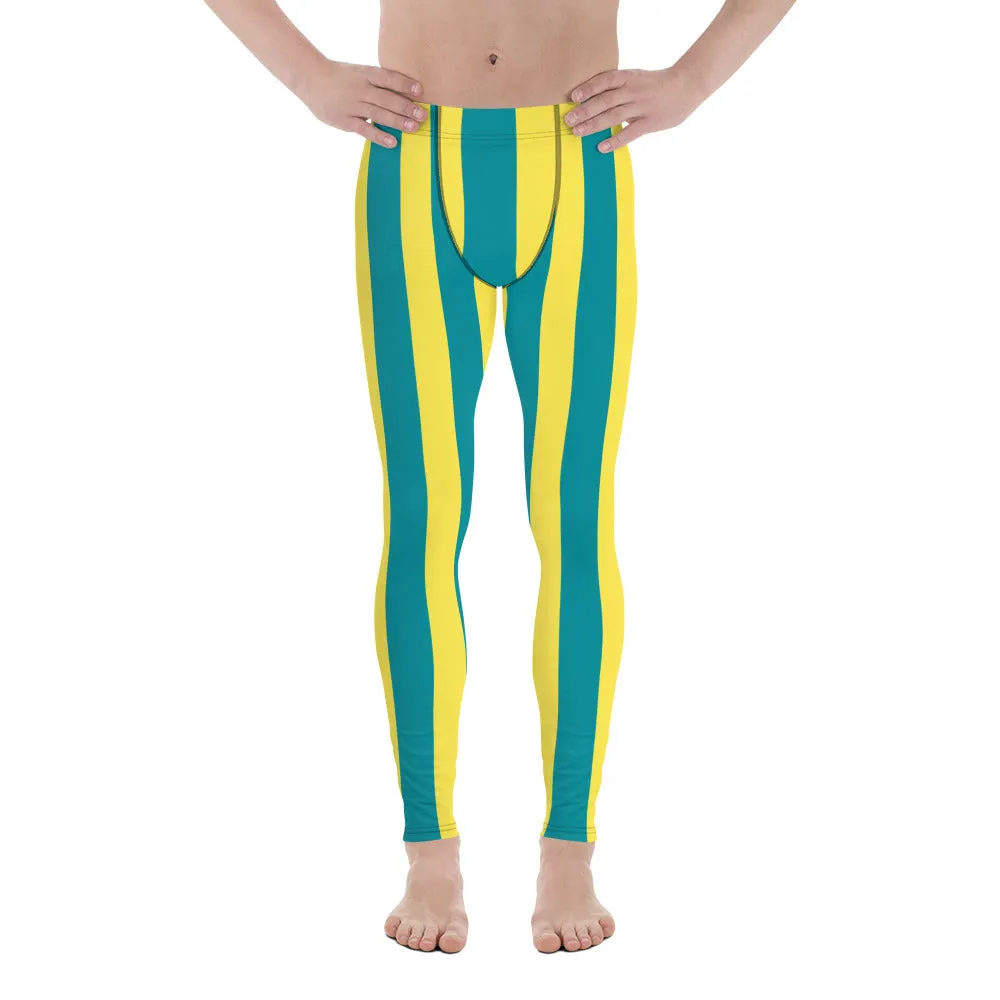 Blue Yellow Stripes Men's Leggings, Colorful Patterned Designer Best Men's Leggings - Made in USA/EU/MX