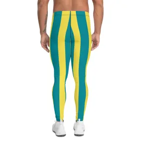 Blue Yellow Stripes Men's Leggings, Colorful Patterned Designer Best Men's Leggings - Made in USA/EU/MX