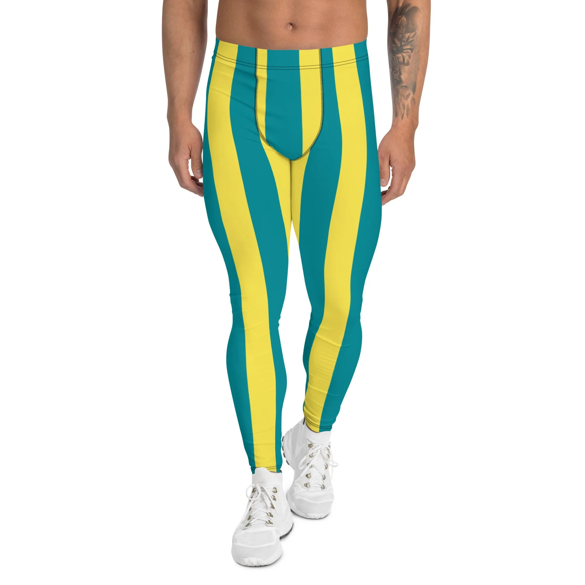 Blue Yellow Stripes Men's Leggings, Colorful Patterned Designer Best Men's Leggings - Made in USA/EU/MX