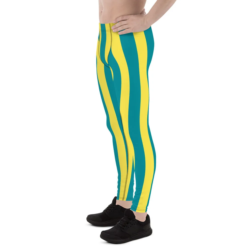 Blue Yellow Stripes Men's Leggings, Colorful Patterned Designer Best Men's Leggings - Made in USA/EU/MX