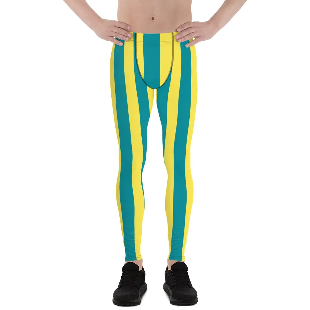 Blue Yellow Stripes Men's Leggings, Colorful Patterned Designer Best Men's Leggings - Made in USA/EU/MX