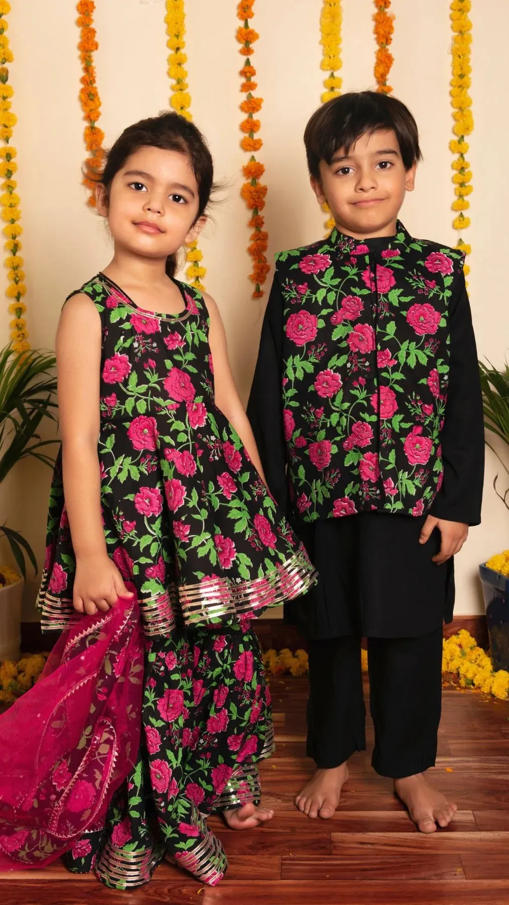 Boys Black Rayon Kurta Pant Set with Cotton Printed Nehru Jacket