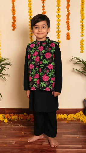 Boys Black Rayon Kurta Pant Set with Cotton Printed Nehru Jacket