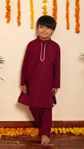 Boys Cotton Burgundy Kurta-Pant Set