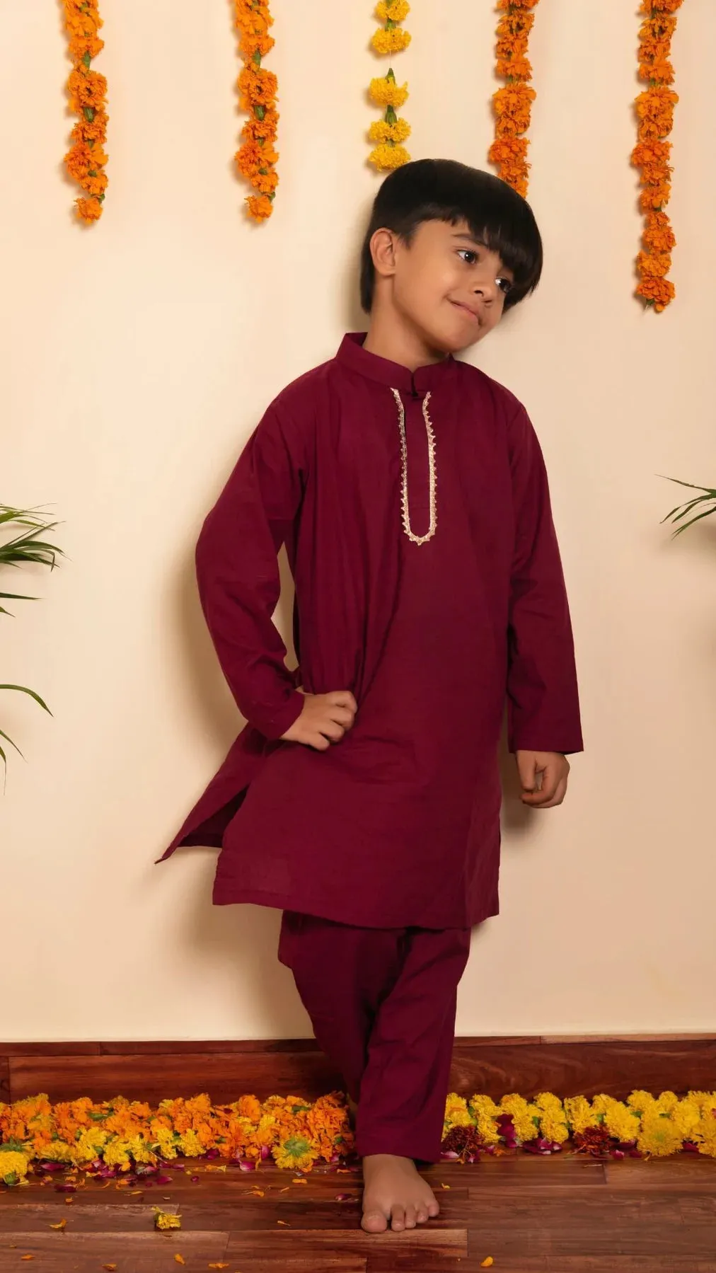 Boys Cotton Burgundy Kurta-Pant Set