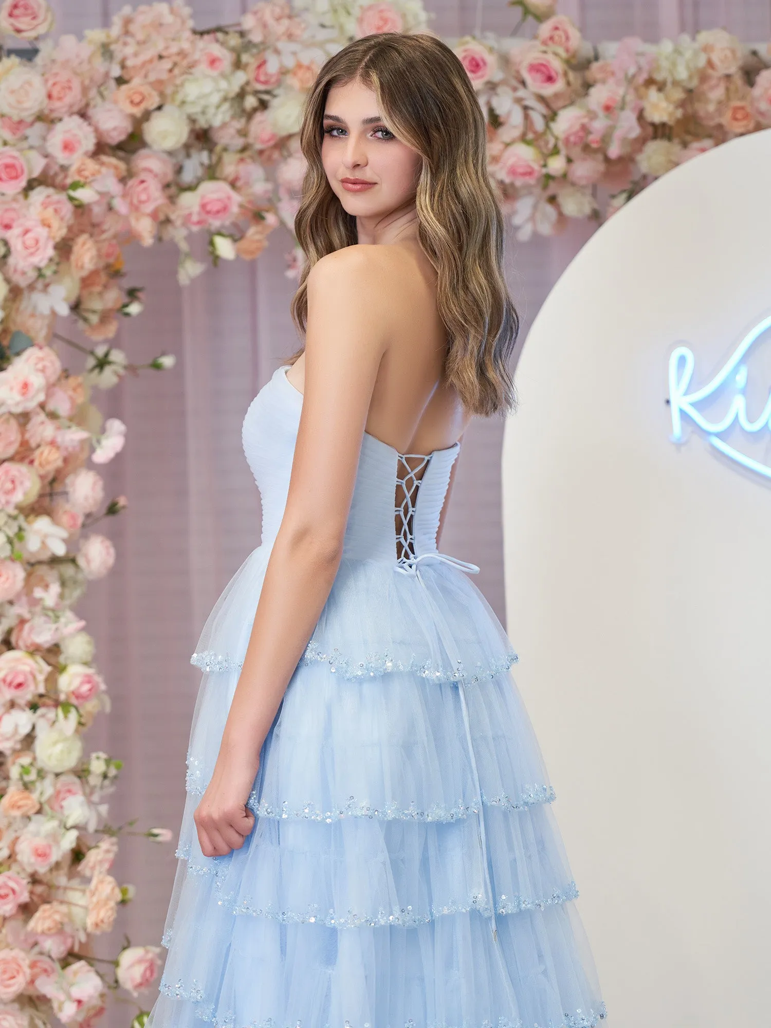 Braelyn | Light Blue Strapless Layered Tulle Prom Dress with Sequins