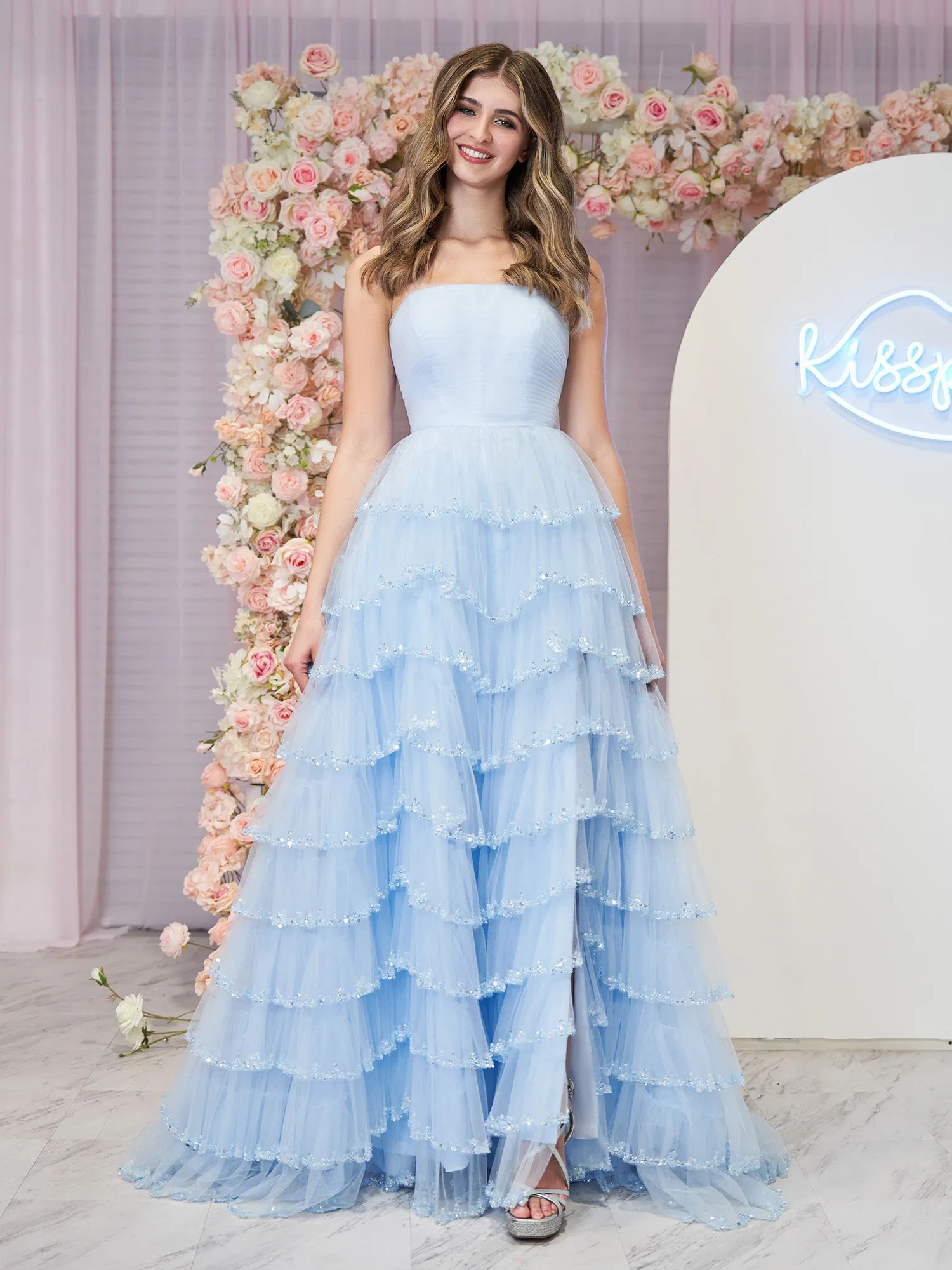 Braelyn | Light Blue Strapless Layered Tulle Prom Dress with Sequins