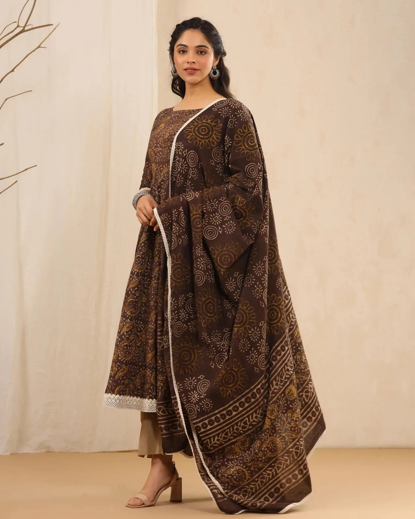 Brown Cotton Printed Anarkali Suit Set with Dupatta