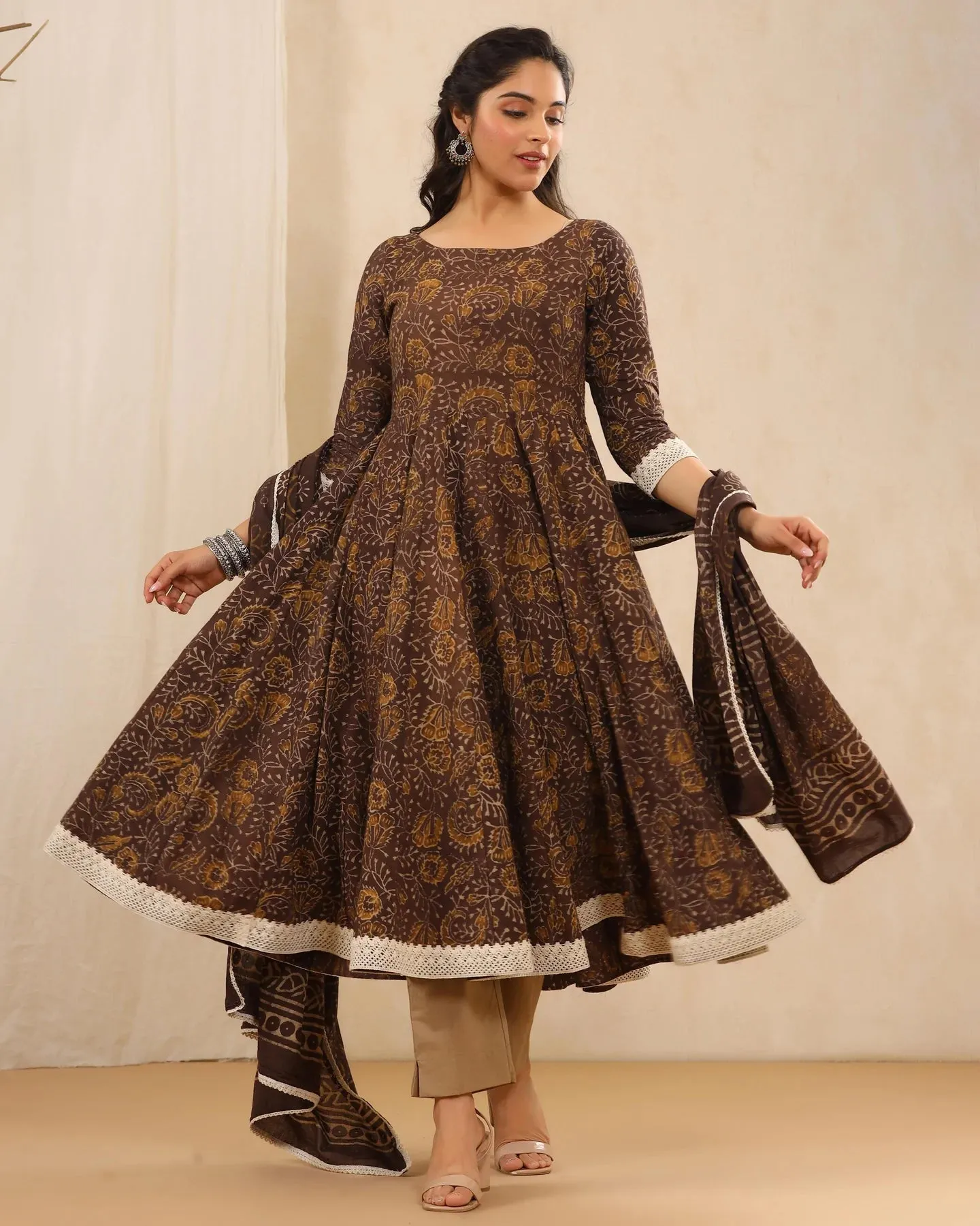 Brown Cotton Printed Anarkali Suit Set with Dupatta