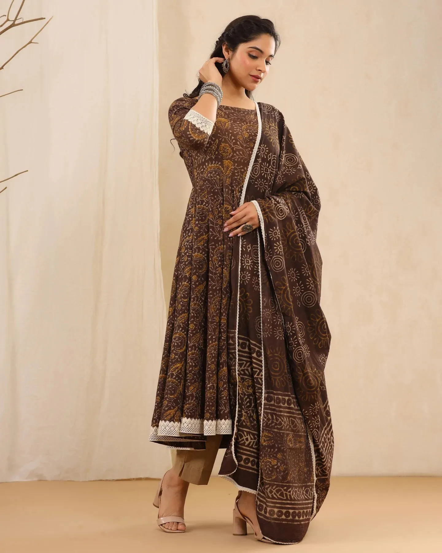 Brown Cotton Printed Anarkali Suit Set with Dupatta