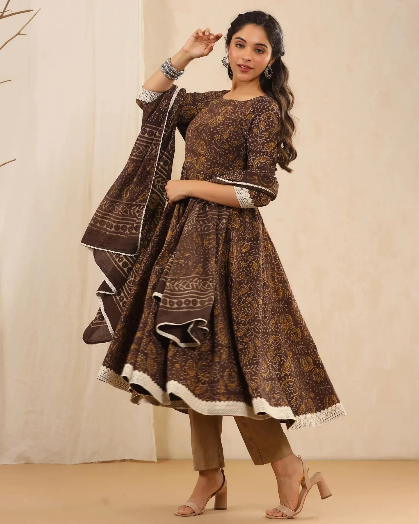 Brown Cotton Printed Anarkali Suit Set with Dupatta