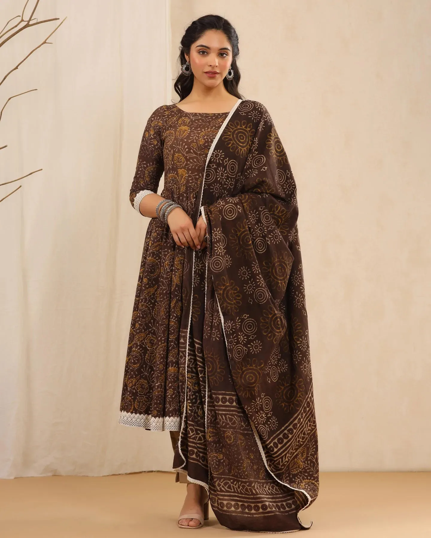 Brown Cotton Printed Anarkali Suit Set with Dupatta