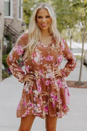 Brown Floral Print Drawstring V Neck Ruffled Babydoll Mini Dress