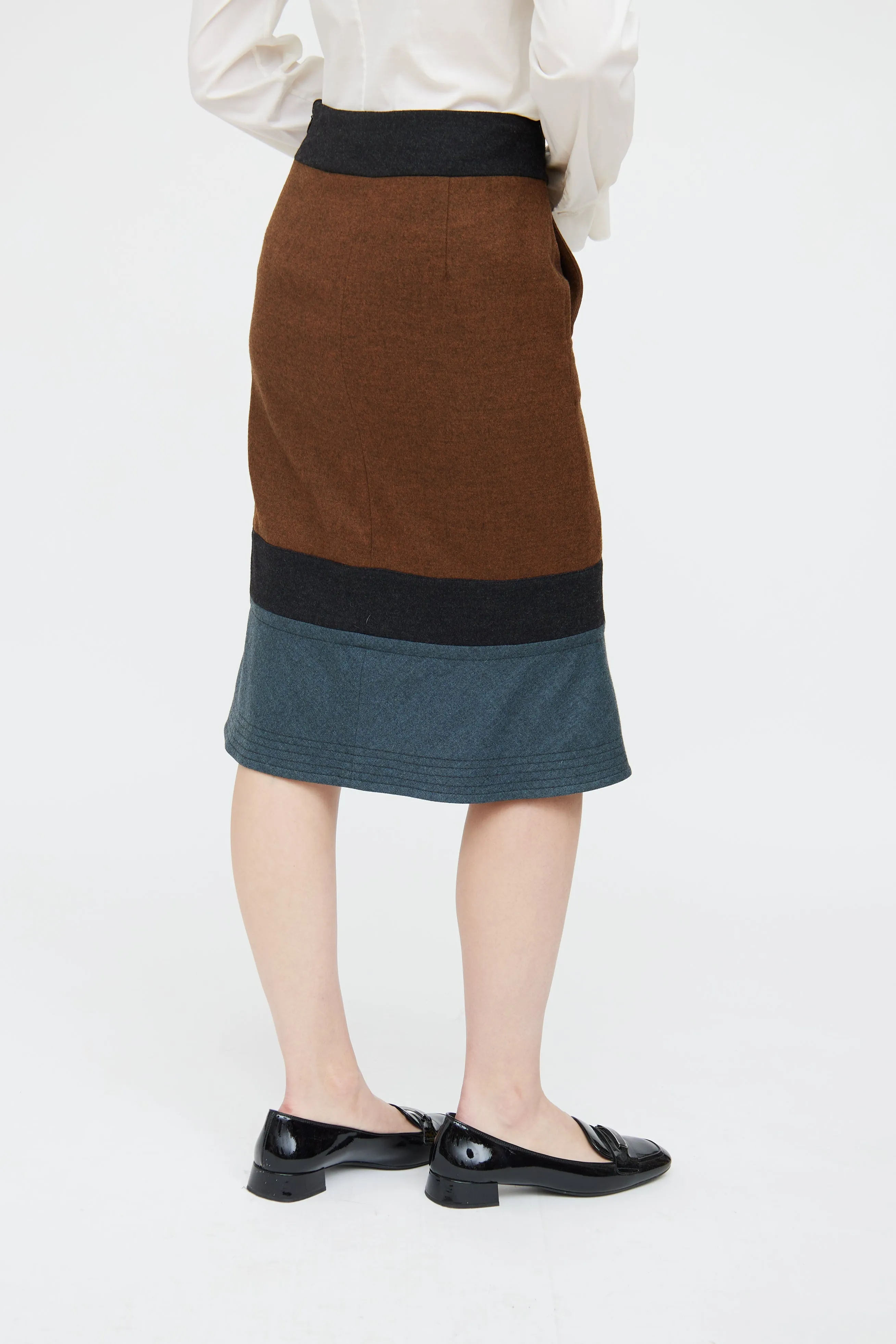 Brown Multi Panel Wool Pencil Skirt