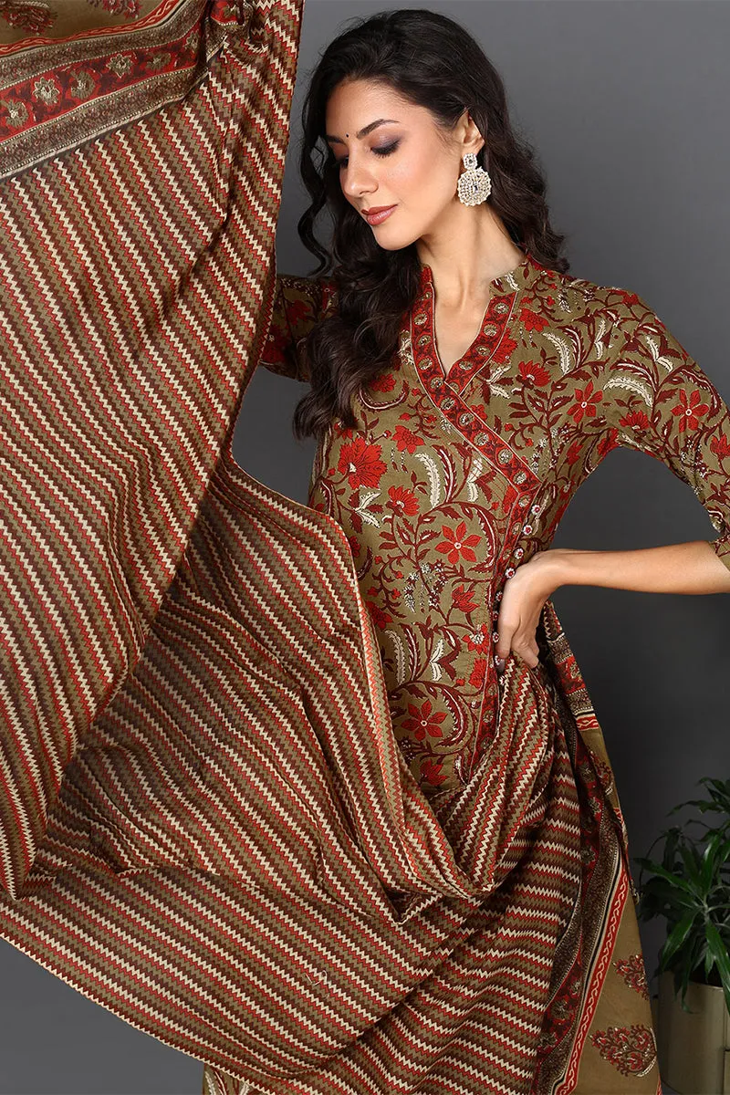 Brown Pure Cotton Ethnic Motifs Printed Angharkha Style Suit Set