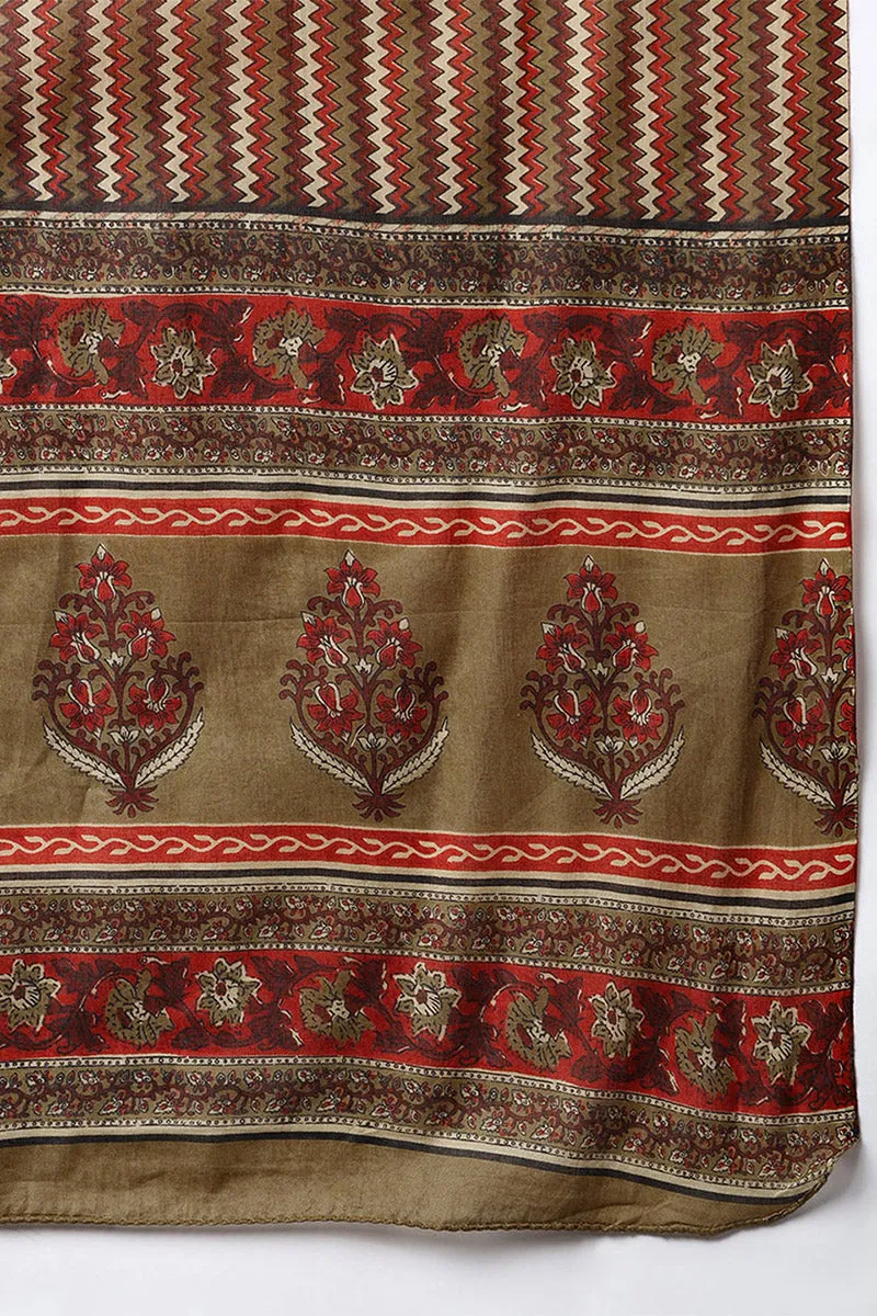 Brown Pure Cotton Ethnic Motifs Printed Angharkha Style Suit Set