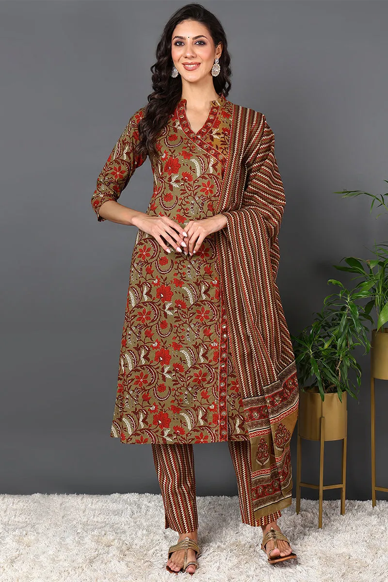 Brown Pure Cotton Ethnic Motifs Printed Angharkha Style Suit Set