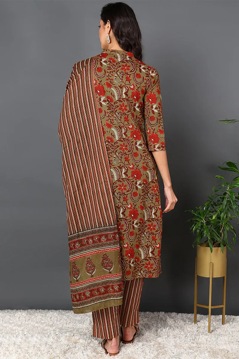 Brown Pure Cotton Ethnic Motifs Printed Angharkha Style Suit Set