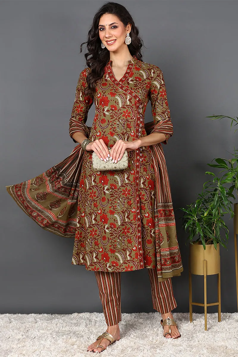 Brown Pure Cotton Ethnic Motifs Printed Angharkha Style Suit Set