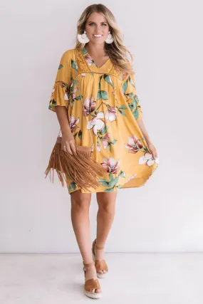 Brunching In Bali Shift Dress In Mustard