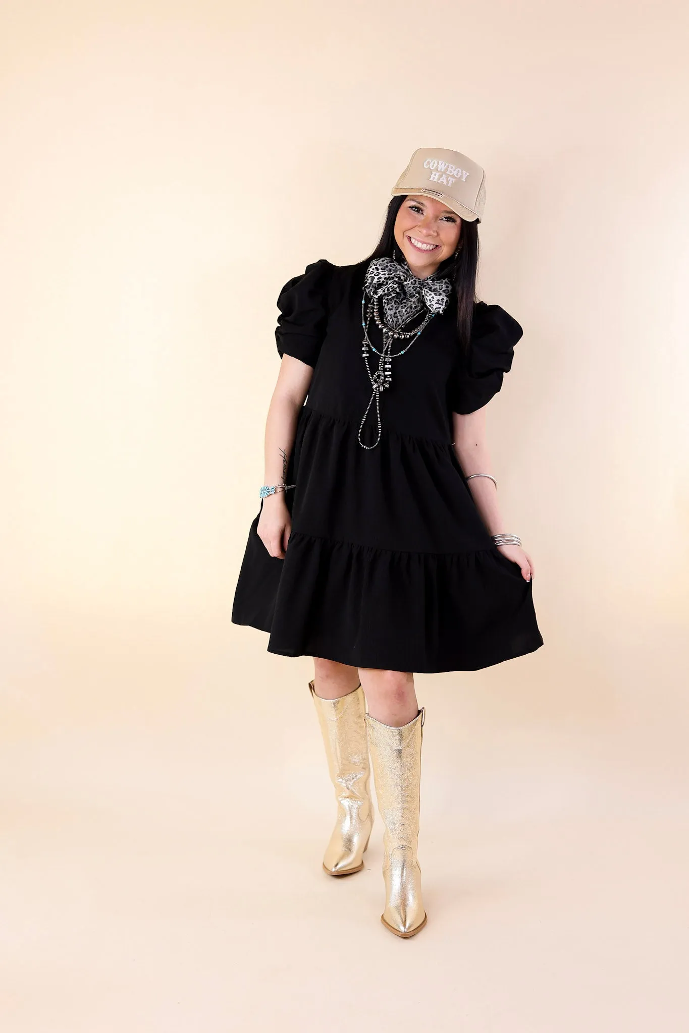 Call Me Chic Balloon Sleeve Short Dress in Black