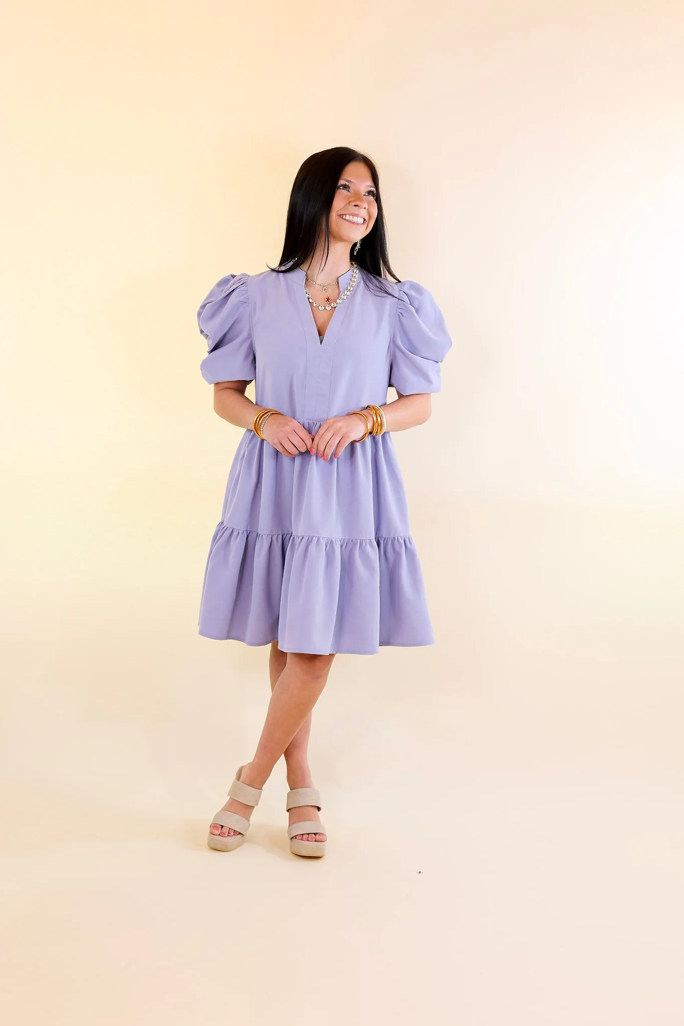 Call Me Chic Balloon Sleeve Short Dress in Chambray Blue