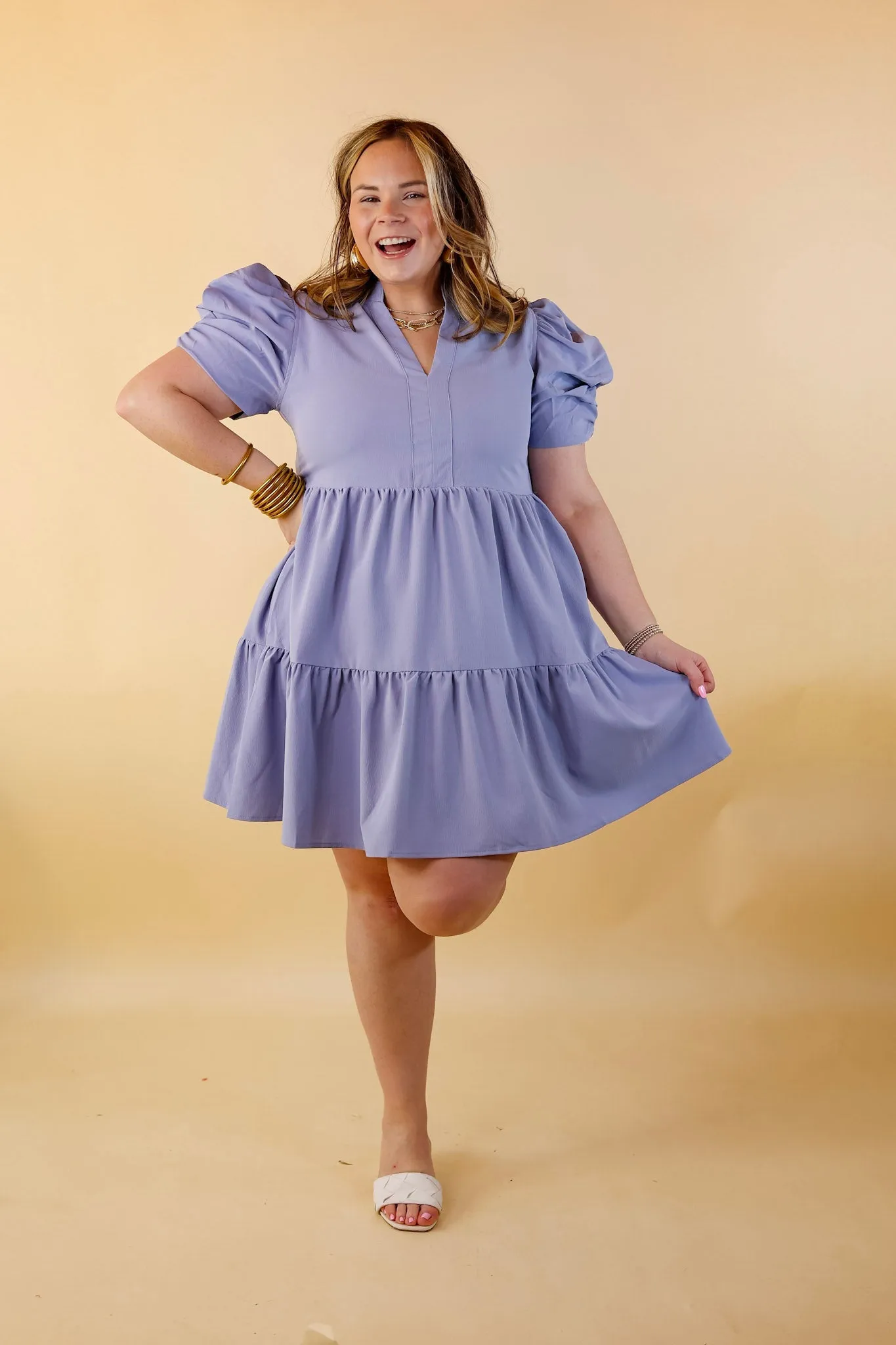 Call Me Chic Balloon Sleeve Short Dress in Chambray Blue