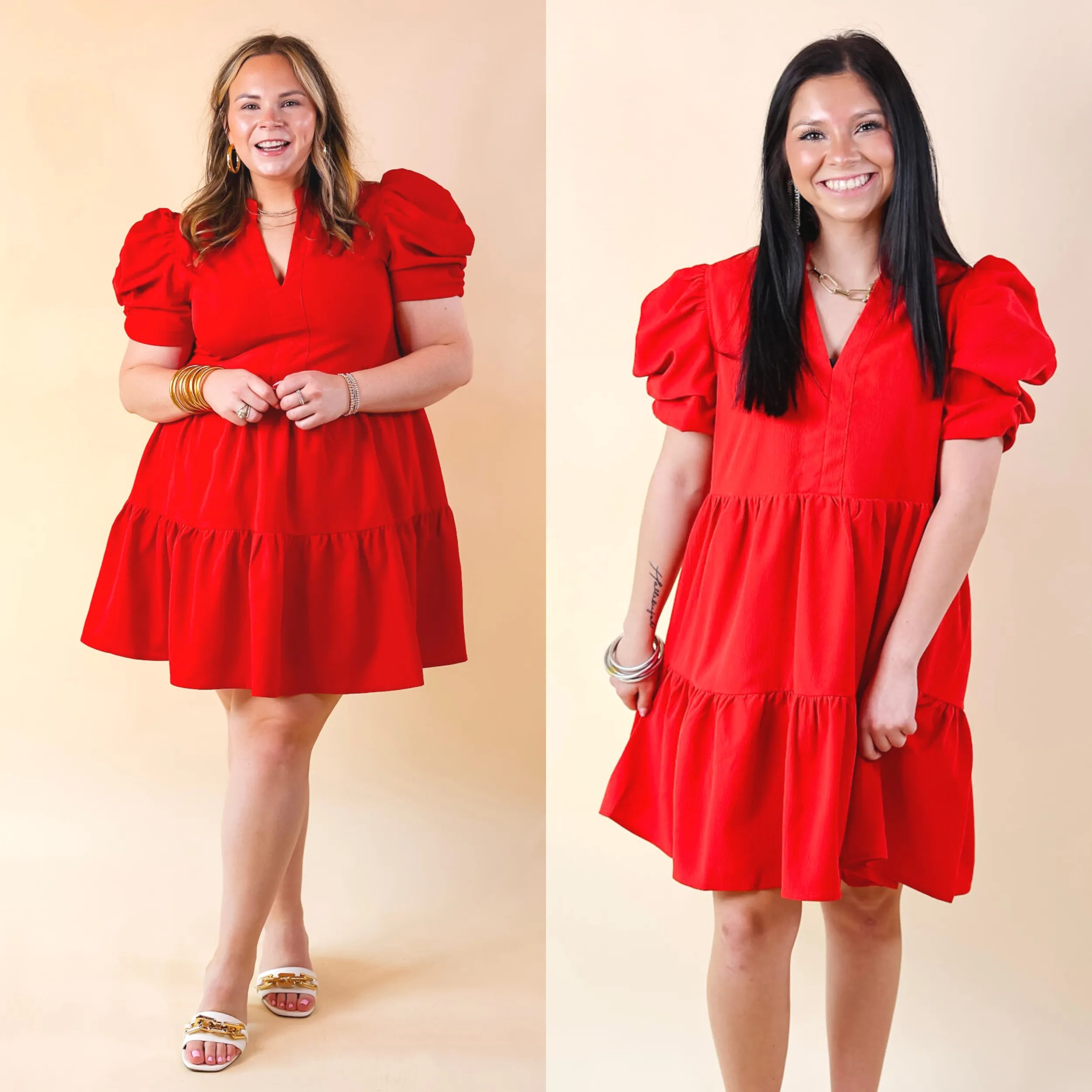 Call Me Chic Balloon Sleeve Short Dress in Red