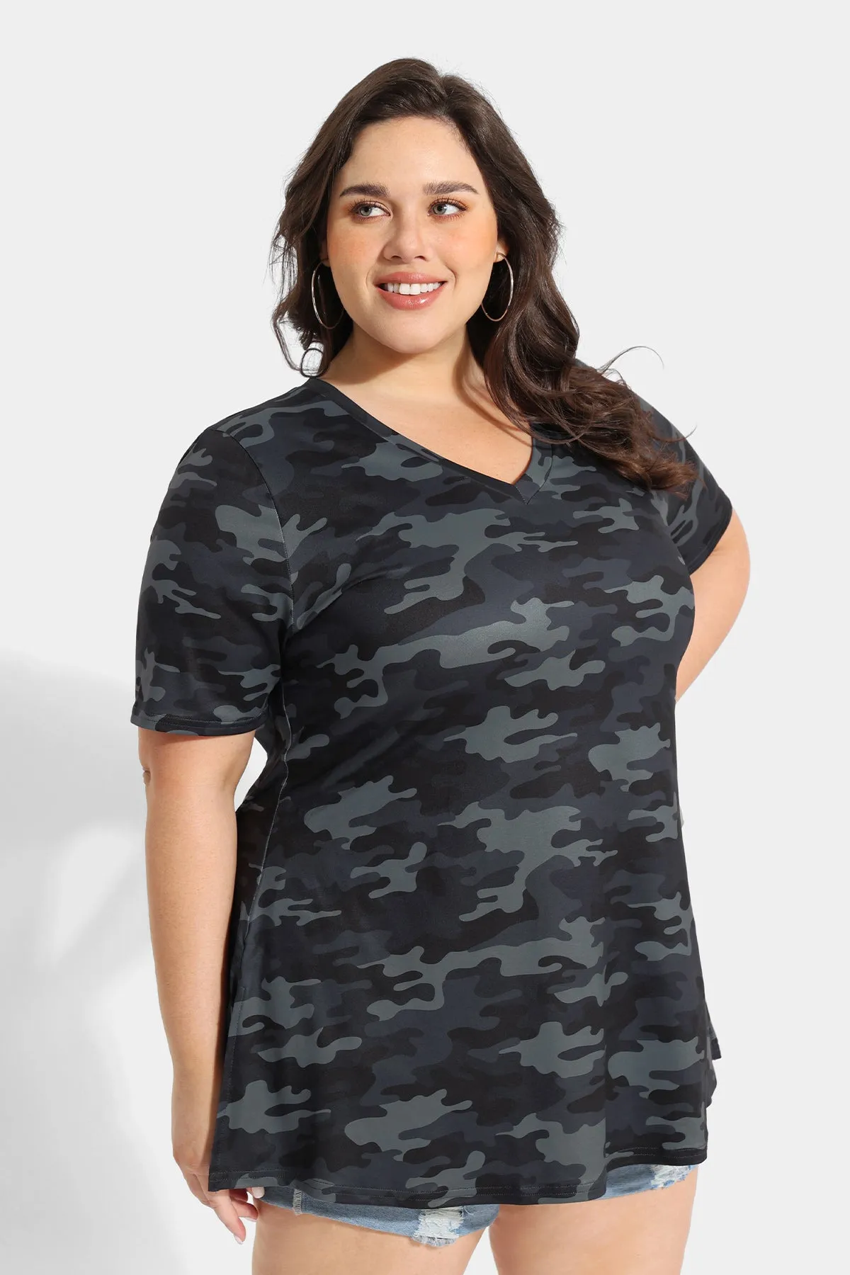 Camo V-neck Short Sleeve Tunic T-Shirt