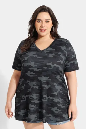 Camo V-neck Short Sleeve Tunic T-Shirt