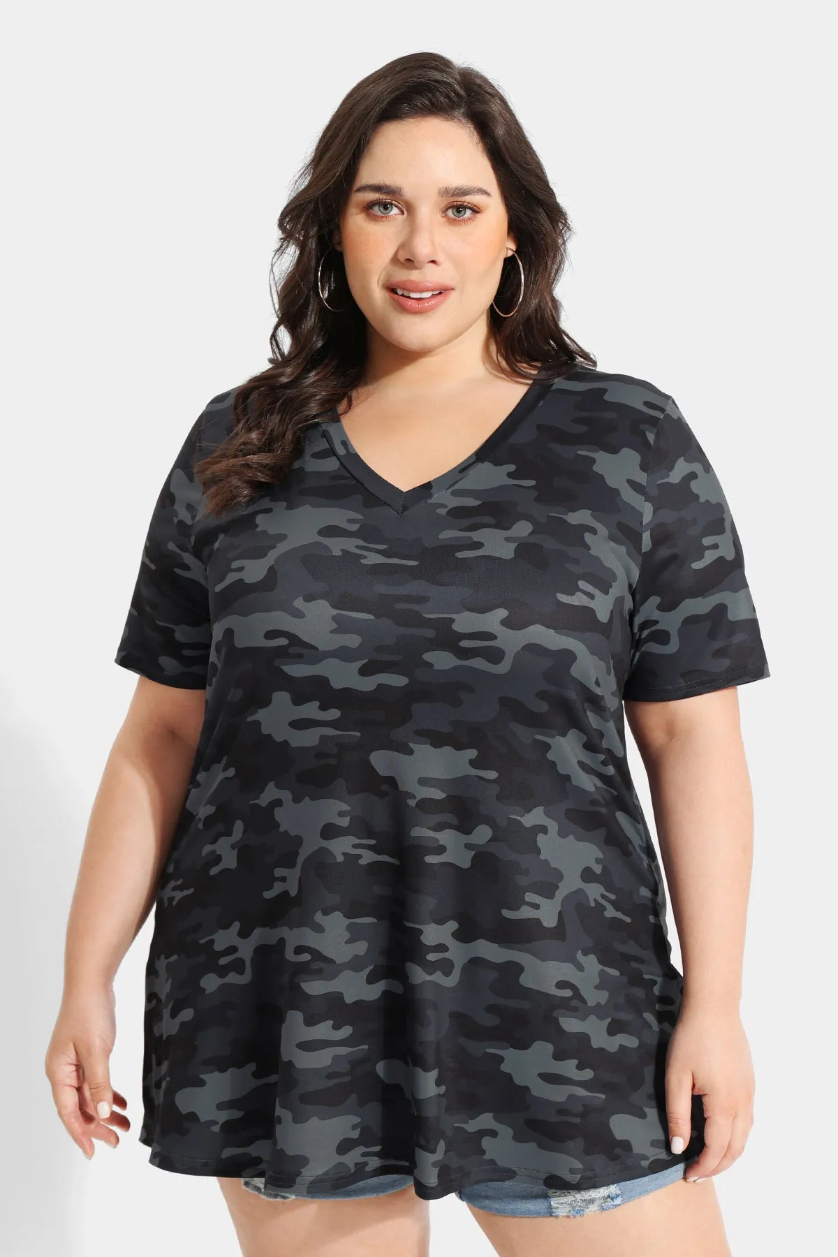 Camo V-neck Short Sleeve Tunic T-Shirt