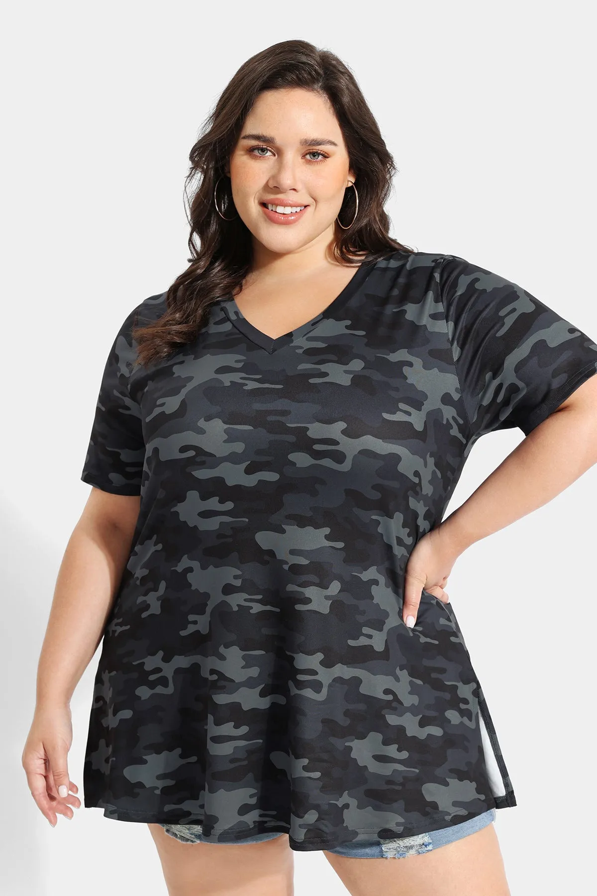 Camo V-neck Short Sleeve Tunic T-Shirt