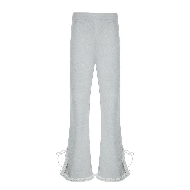 Casual Grey Split Women Flared Pants Sporty Chic Ruched Patchwork Streetwear Sweatpants Homewear Trousers Bottoms New