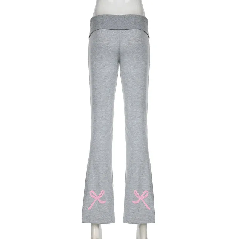 Casual Slim Low Waist Flared Pants Korean Fashion Bow Embroidery Autumn Sweatpants Coquette Clothes Trousers Tierred