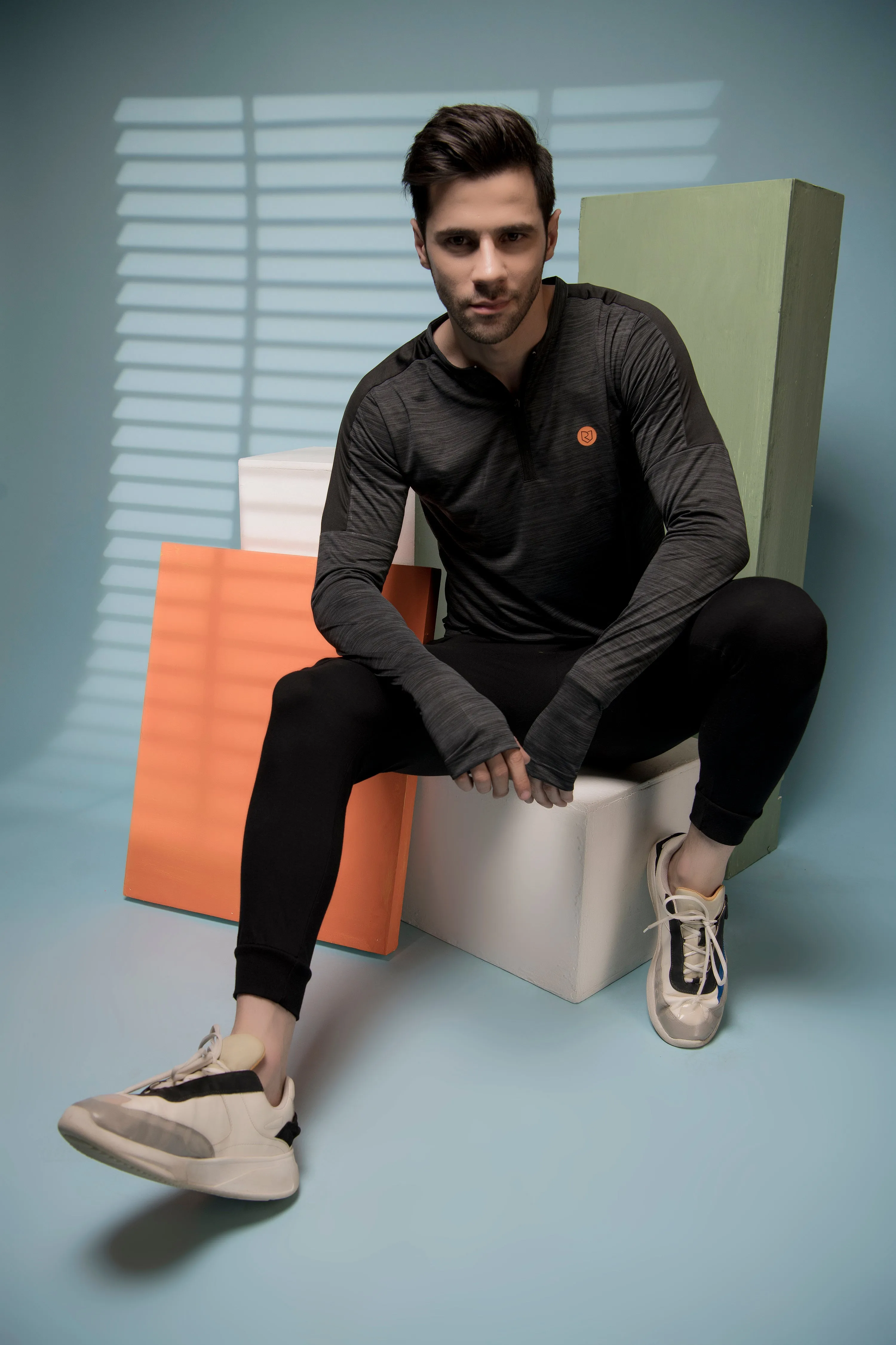 Charcoal Henley Neck Full Sleeve Activewear T-Shirt