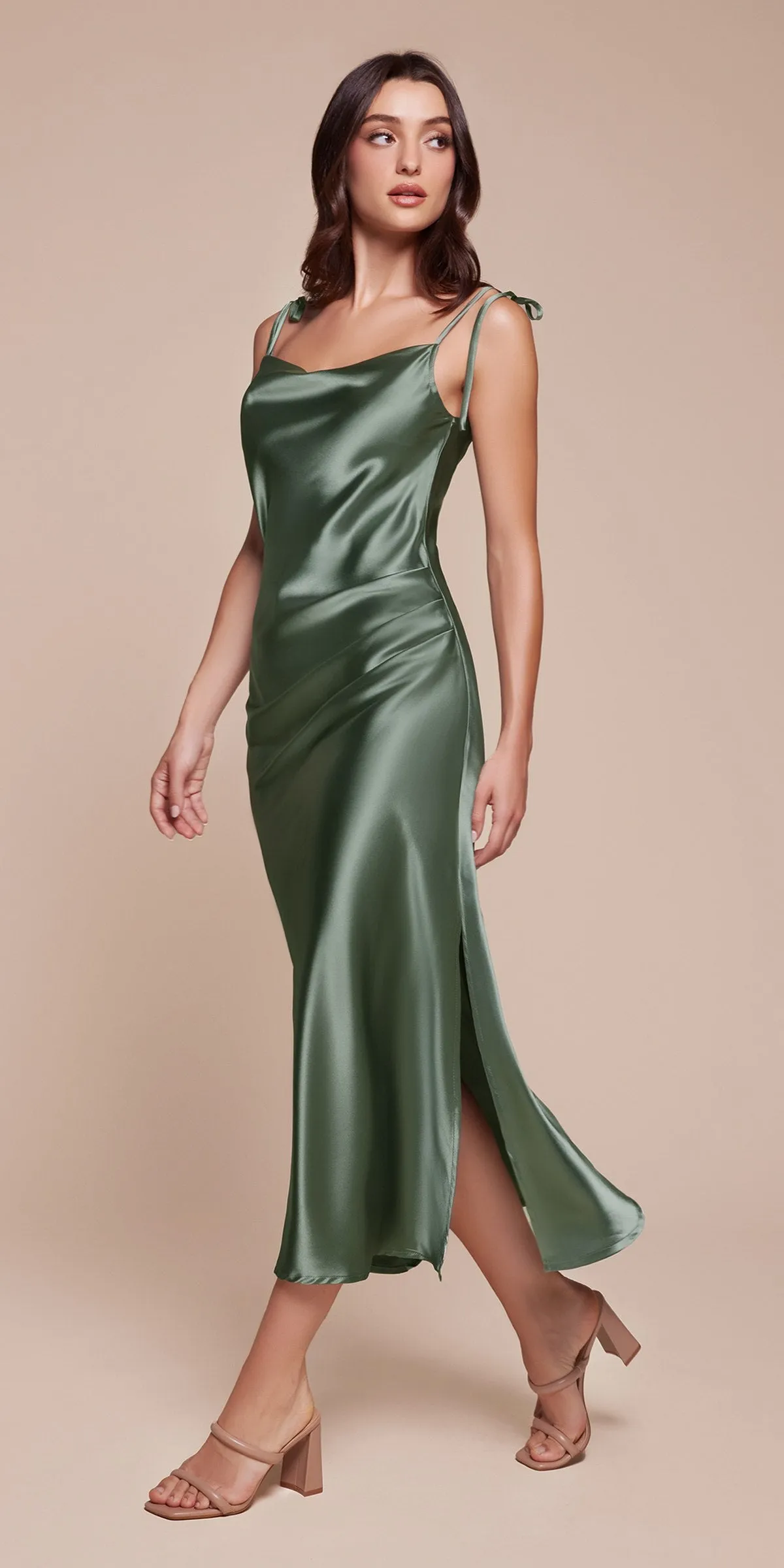 Cinderella Divine BD103 Satin Midi Length Dress High Side Split Cowl Neck