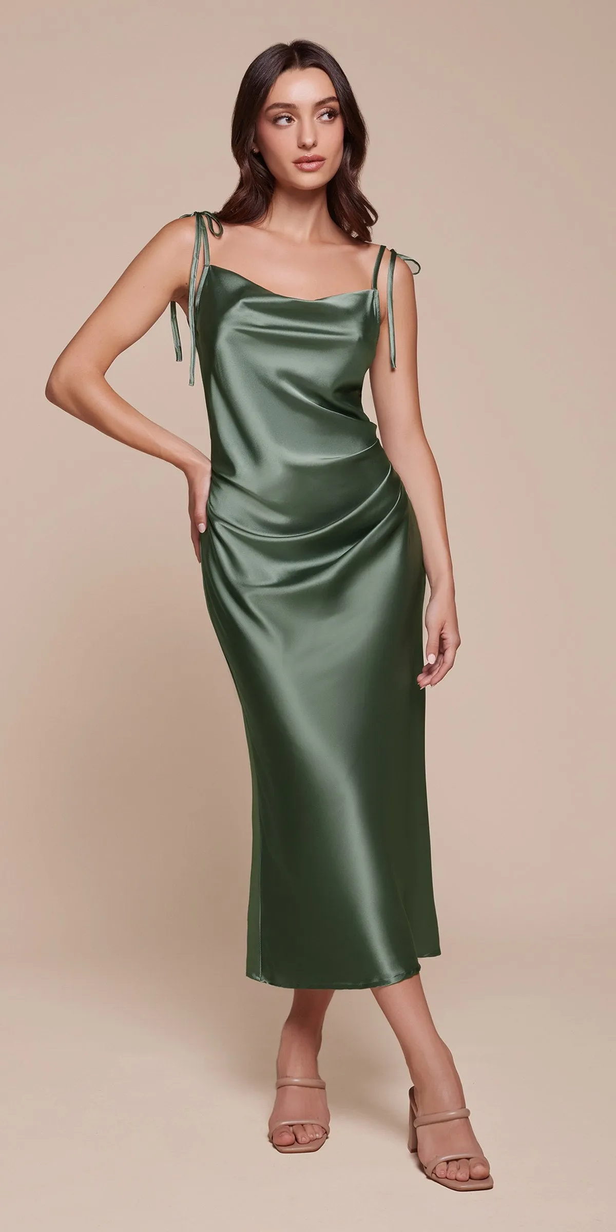 Cinderella Divine BD103 Satin Midi Length Dress High Side Split Cowl Neck