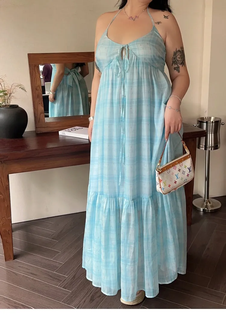 Clara Plus Size Plaid Mint Green French V-Neck Slip Spaghetti Strap Long Dress