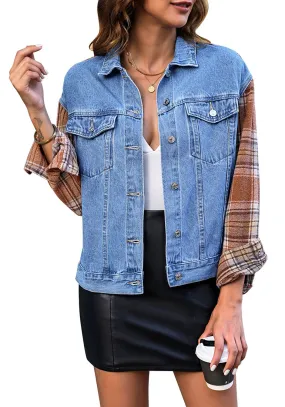 Classic Blue   Orange Plaid Women's Denim Oversized Plaid Shacket Jacket Vintage Shirt Jackets