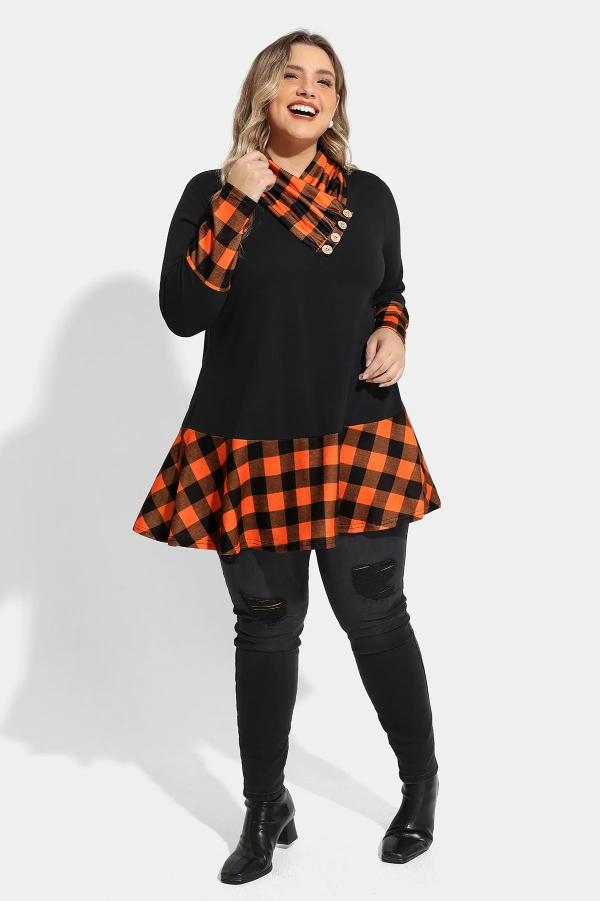 Colorblock Plaid Cowl Neck Tunic Shirt