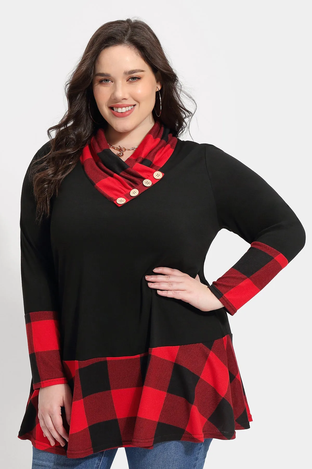 Colorblock Plaid Cowl Neck Tunic Shirt