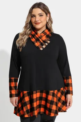 Colorblock Plaid Cowl Neck Tunic Shirt