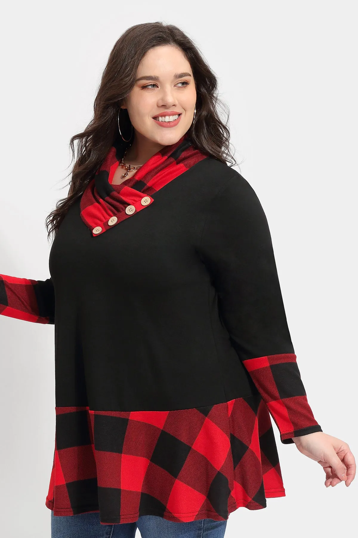 Colorblock Plaid Cowl Neck Tunic Shirt