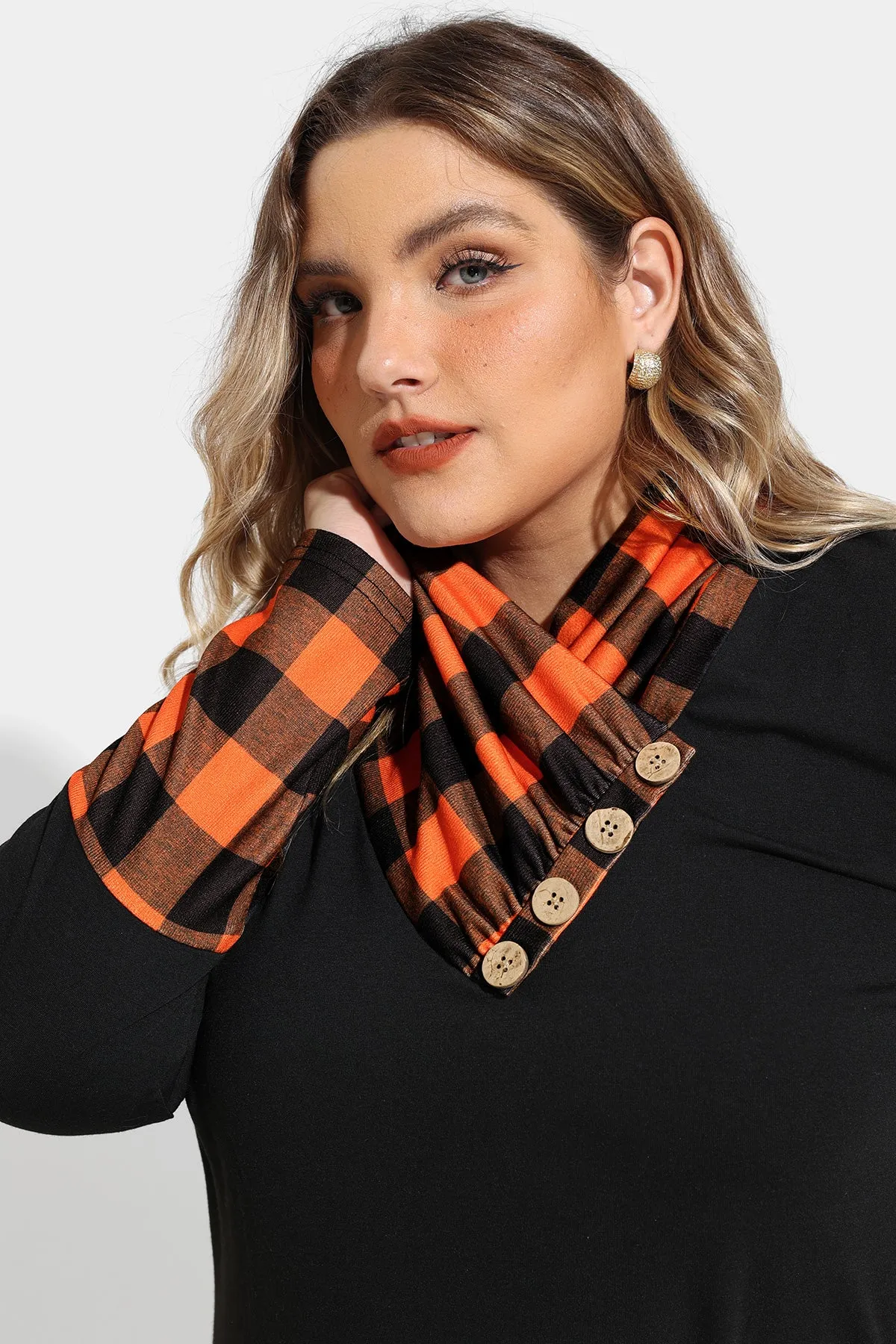 Colorblock Plaid Cowl Neck Tunic Shirt